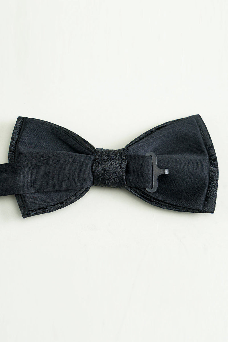 Load image into Gallery viewer, Black Jacquard Satin Bow Tie Pocket Square Set