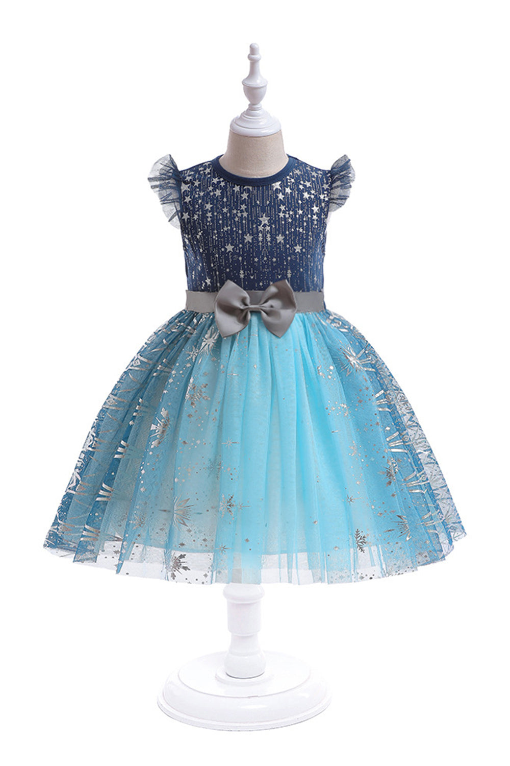 Blue Tulle Glitter Girl's Party Dress with Bow