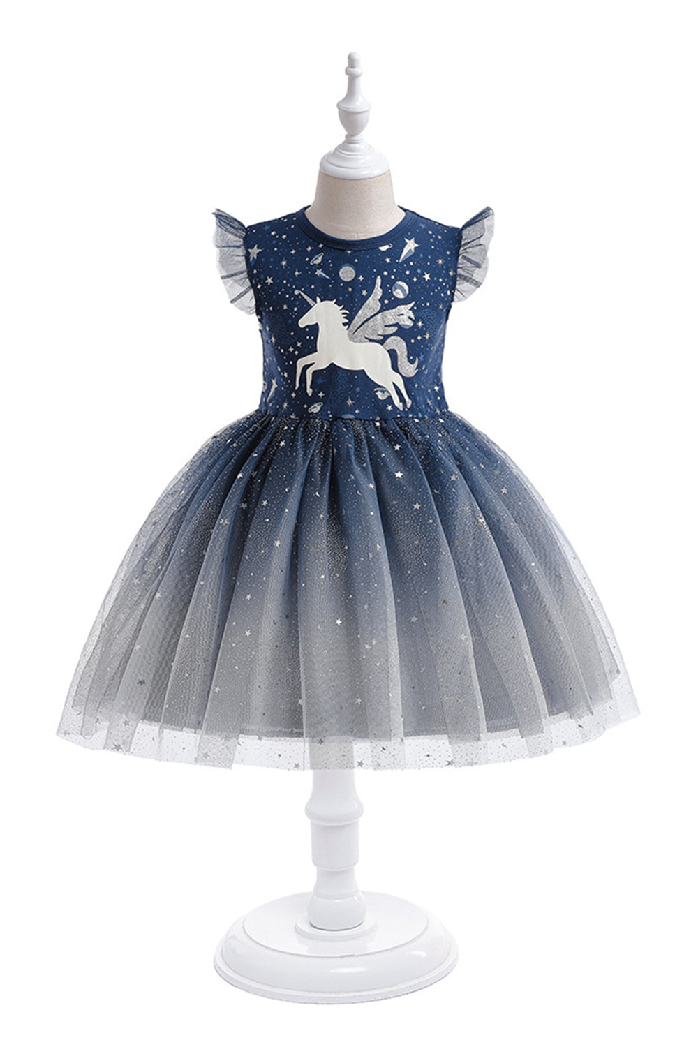 Navy Tulle Girl Dress with Unicorn Printed