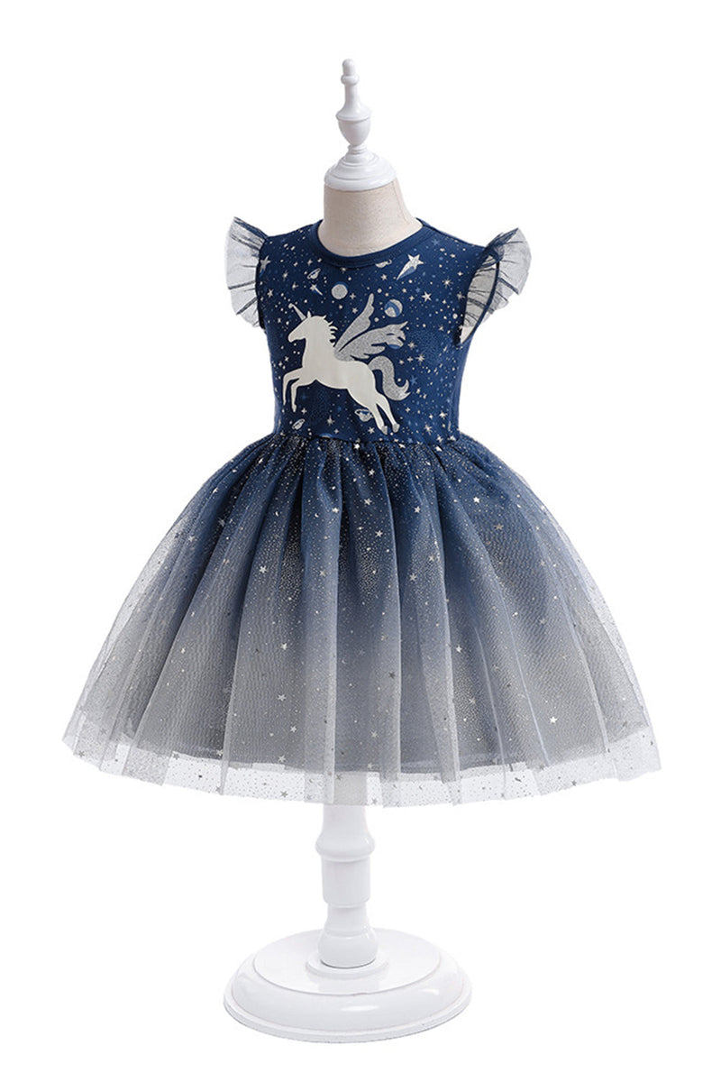 Load image into Gallery viewer, Navy Tulle Girl Dress with Unicorn Printed