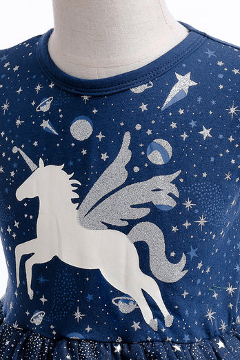 Navy Tulle Girl Dress with Unicorn Printed