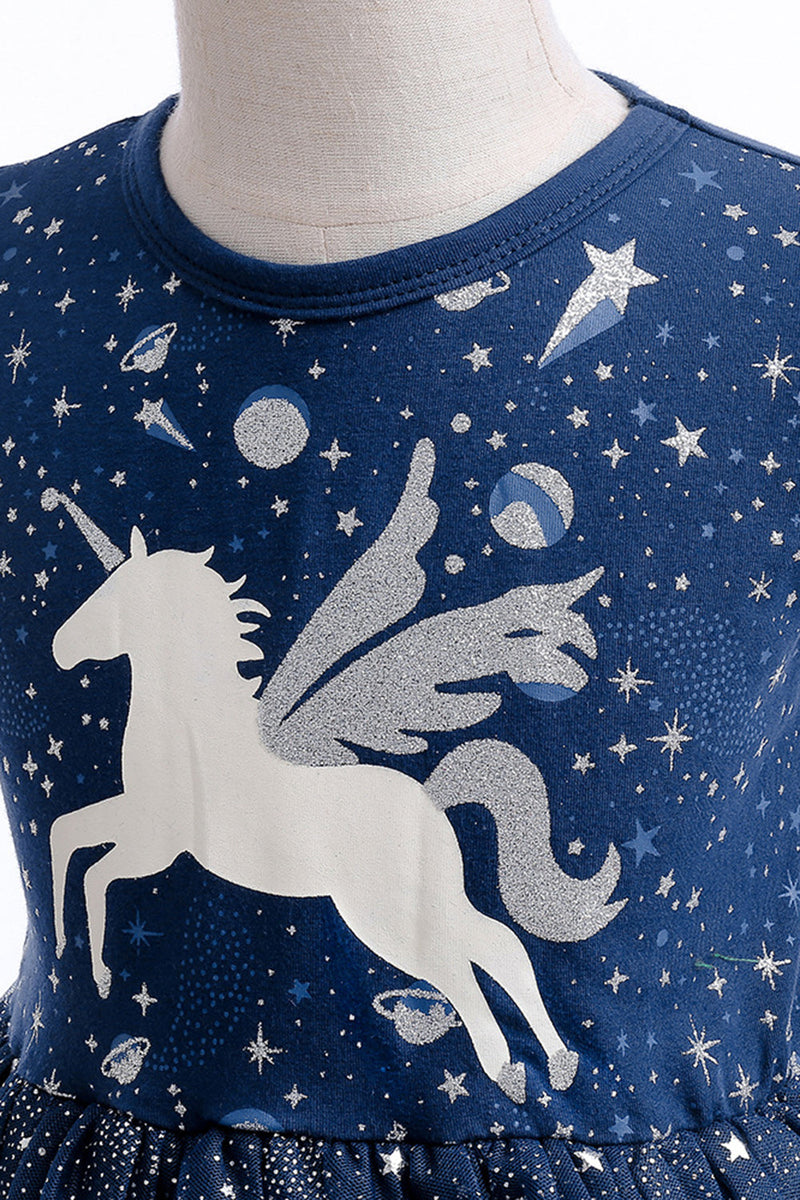 Load image into Gallery viewer, Navy Tulle Girl Dress with Unicorn Printed