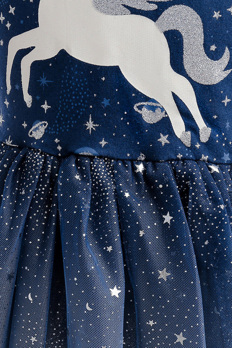 Load image into Gallery viewer, Navy Tulle Girl Dress with Unicorn Printed