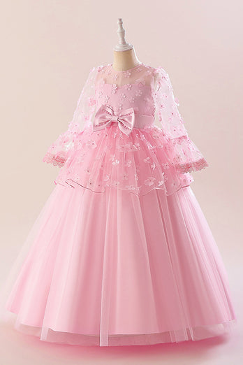 Pink Tulle Girl Party Dress with Appliques