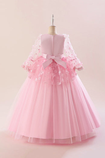 Pink Tulle Girl Party Dress with Appliques