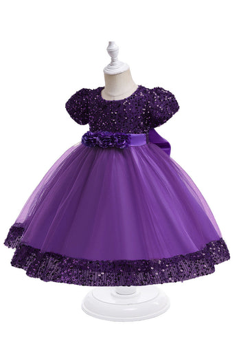 Purple Tulle Sequins Girl Dress with Bow