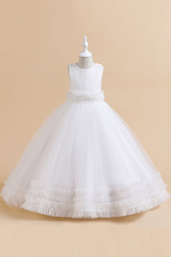 Sleeveless Green Tulle A Line Girl Dress with Lace