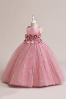 Load image into Gallery viewer, Pink Tulle Sleeveless Girl Dress with Appliques