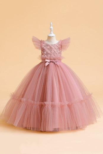 Tulle A Line Champagne Girl Dress with Bow
