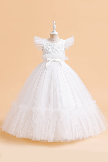 Tulle A Line Champagne Girl Dress with Bow