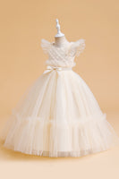 Load image into Gallery viewer, Tulle A Line Champagne Girl Dress with Bow
