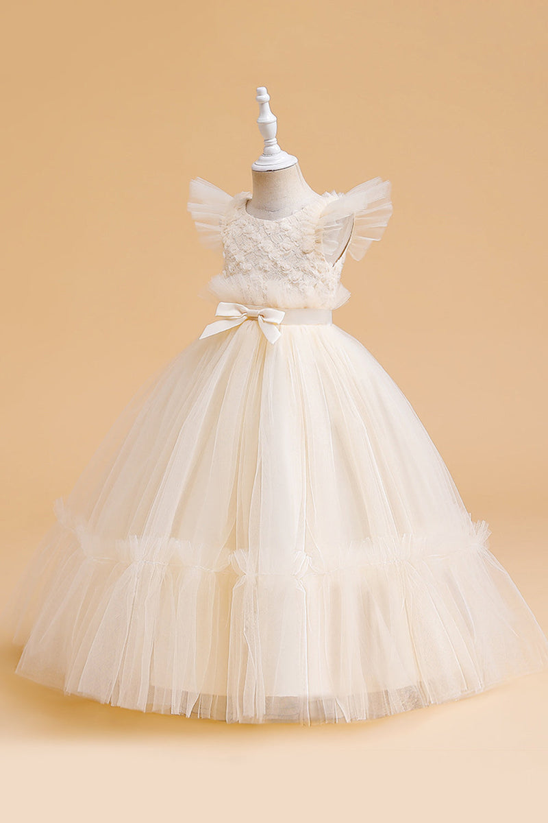Load image into Gallery viewer, Tulle A Line Champagne Girl Dress with Bow
