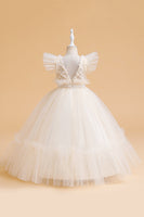 Load image into Gallery viewer, Tulle A Line Champagne Girl Dress with Bow