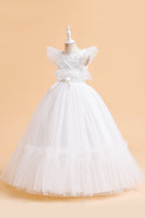 Load image into Gallery viewer, Tulle A Line Champagne Girl Dress with Bow