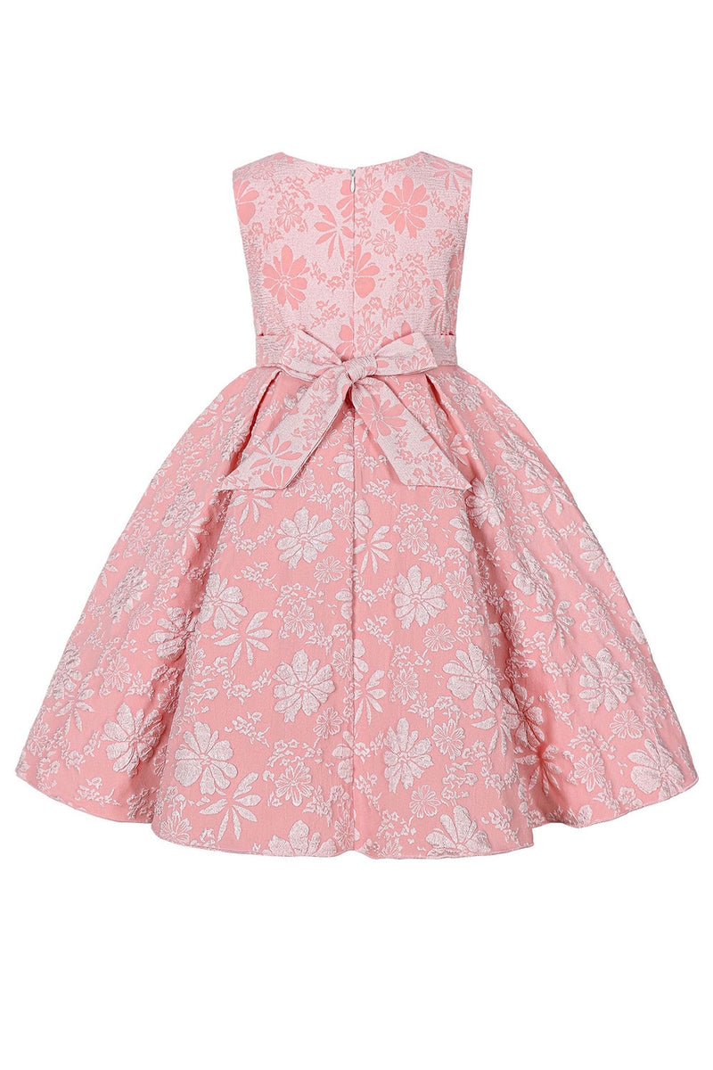 Load image into Gallery viewer, Cute Jewel Neck Pink Jacquard Girl Dress