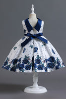 Load image into Gallery viewer, A Line Jewel Neck Blue Printed Girl Dress