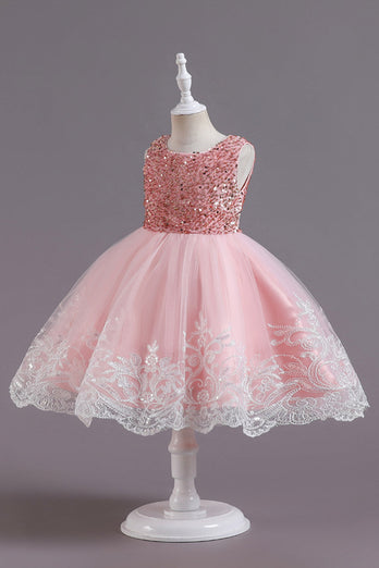 Pink Tulle Round Neck Girl Dress with Appliques