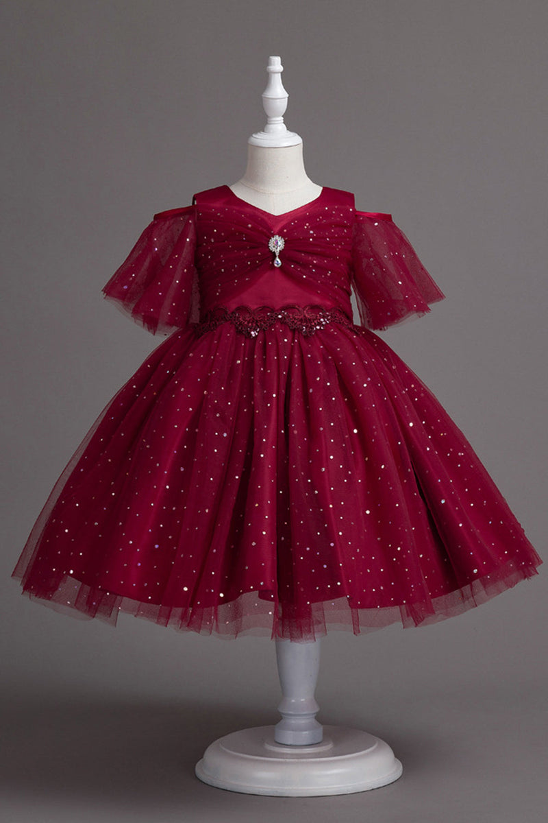 Load image into Gallery viewer, A Line Off the Shoulder Burgundy Tulle Girl Dress