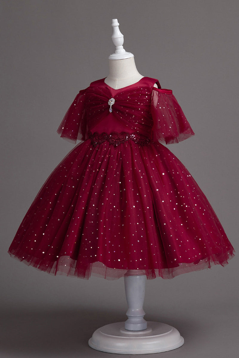 Load image into Gallery viewer, A Line Off the Shoulder Burgundy Tulle Girl Dress