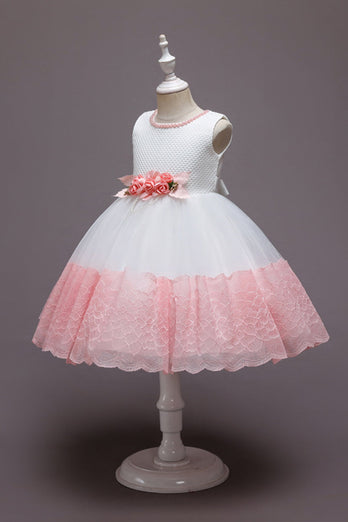 Pink Sleeveless Flower Tulle Girls' Dress With Bow
