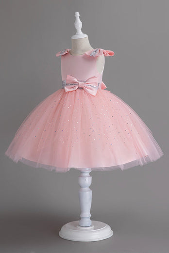 Champagne A Line Tulle Sequin Girls' Party Dress With Bow
