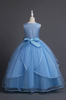 Load image into Gallery viewer, Blue Round Neck Tulle Long Girls&#39; Dress