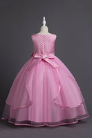 Load image into Gallery viewer, Blue Round Neck Tulle Long Girls&#39; Dress