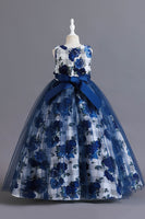 Load image into Gallery viewer, Blue Flower Tulle Long Girls&#39; Dress With Ruffles