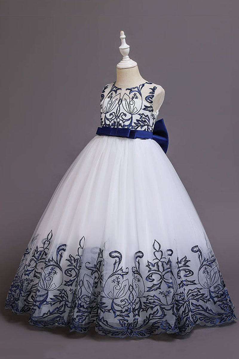Load image into Gallery viewer, Navy Sleeveless A Line Embroidery Girls&#39; Dress