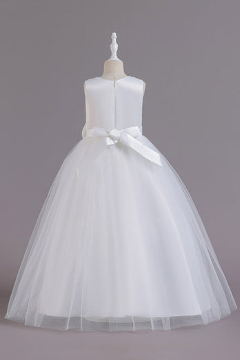 A Line Jewel Neck White Girl Party Dress with Bowknot
