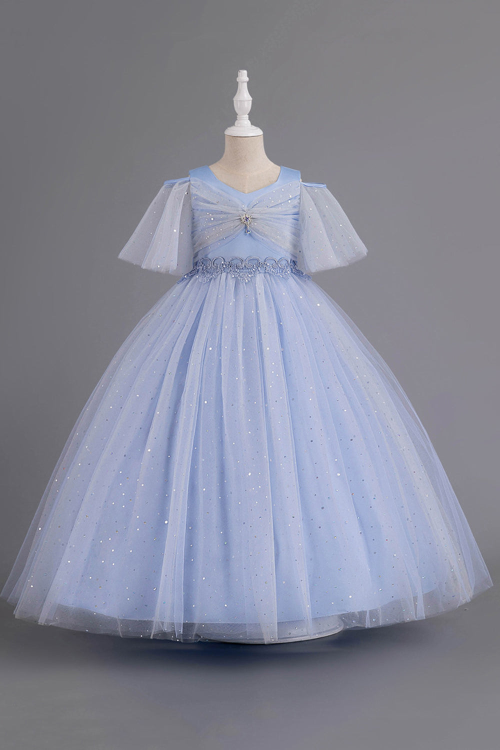 Blue A Line Tulle Flower Girl Dress with Beaded