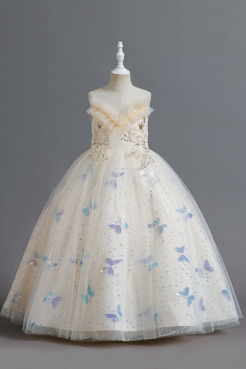 Load image into Gallery viewer, White Sleeveless Girl&#39;s Party Dress with Buttflies