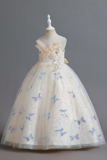 White Sleeveless Girl's Party Dress with Buttflies
