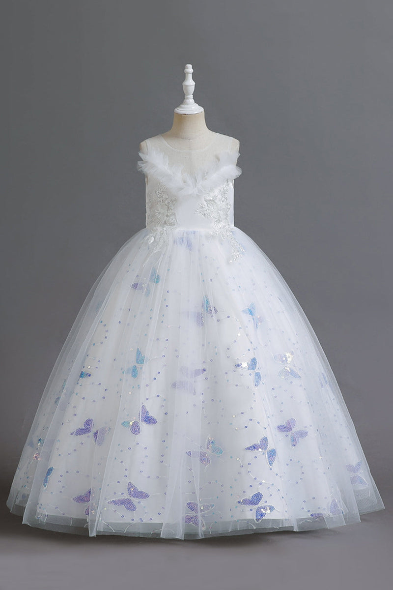 Load image into Gallery viewer, White Sleeveless Girl&#39;s Party Dress with Buttflies