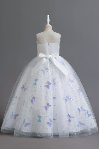 White Sleeveless Girl's Party Dress with Buttflies