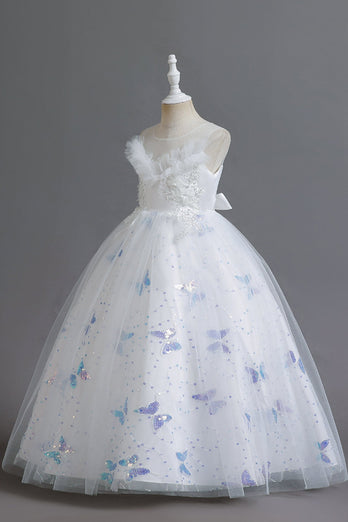 White Sleeveless Girl's Party Dress with Buttflies