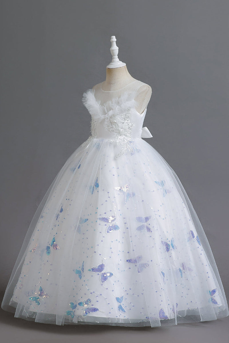 Load image into Gallery viewer, White Sleeveless Girl&#39;s Party Dress with Buttflies