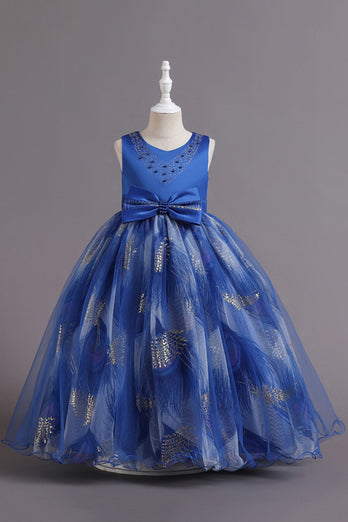 Blue Satin Flower Girl Dress with Beading
