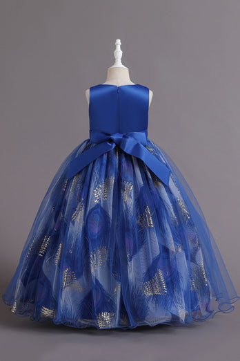 Blue Satin Flower Girl Dress with Beading