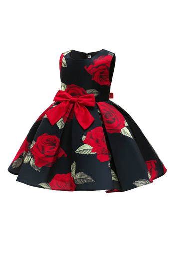 Boat Neck Flower Printed Black Girls Dress with Bow