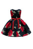 Load image into Gallery viewer, Boat Neck Flower Printed Black Girls Dress with Bow