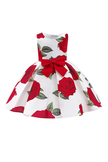 Boat Neck Flower Printed Black Girls Dress with Bow