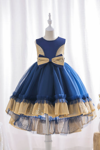 High Low Royal Blue Tulle Girls Dress With Pearls