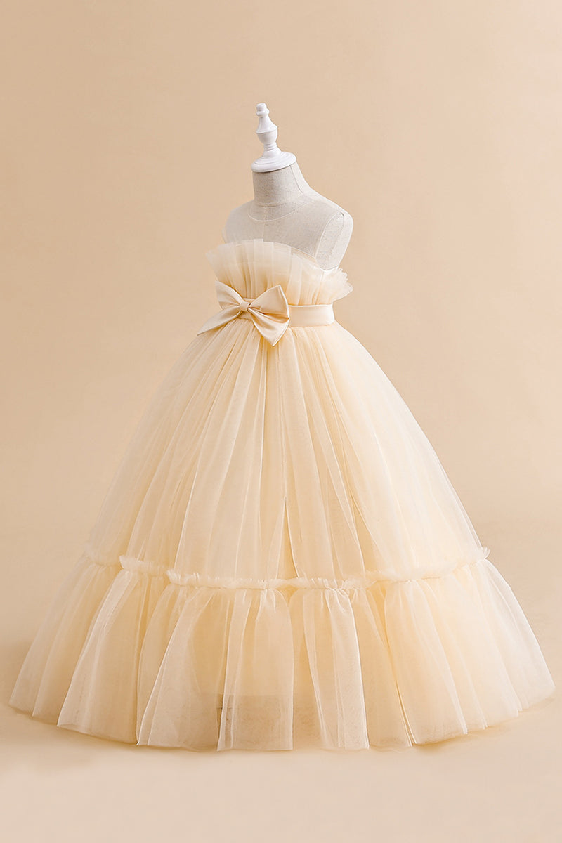 Load image into Gallery viewer, White Straplee Tulle A Line Flower Girl Dress with Bow