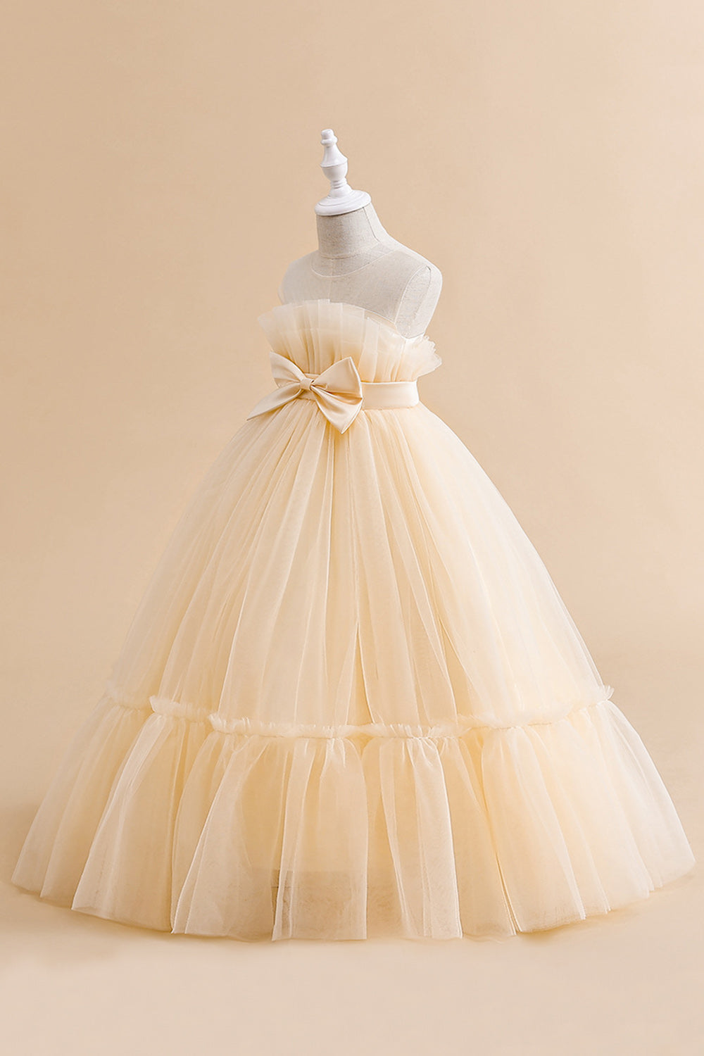 White Straplee Tulle A Line Flower Girl Dress with Bow