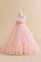 Load image into Gallery viewer, White Straplee Tulle A Line Flower Girl Dress with Bow