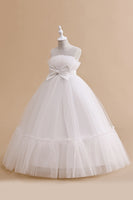 Load image into Gallery viewer, White Straplee Tulle A Line Flower Girl Dress with Bow