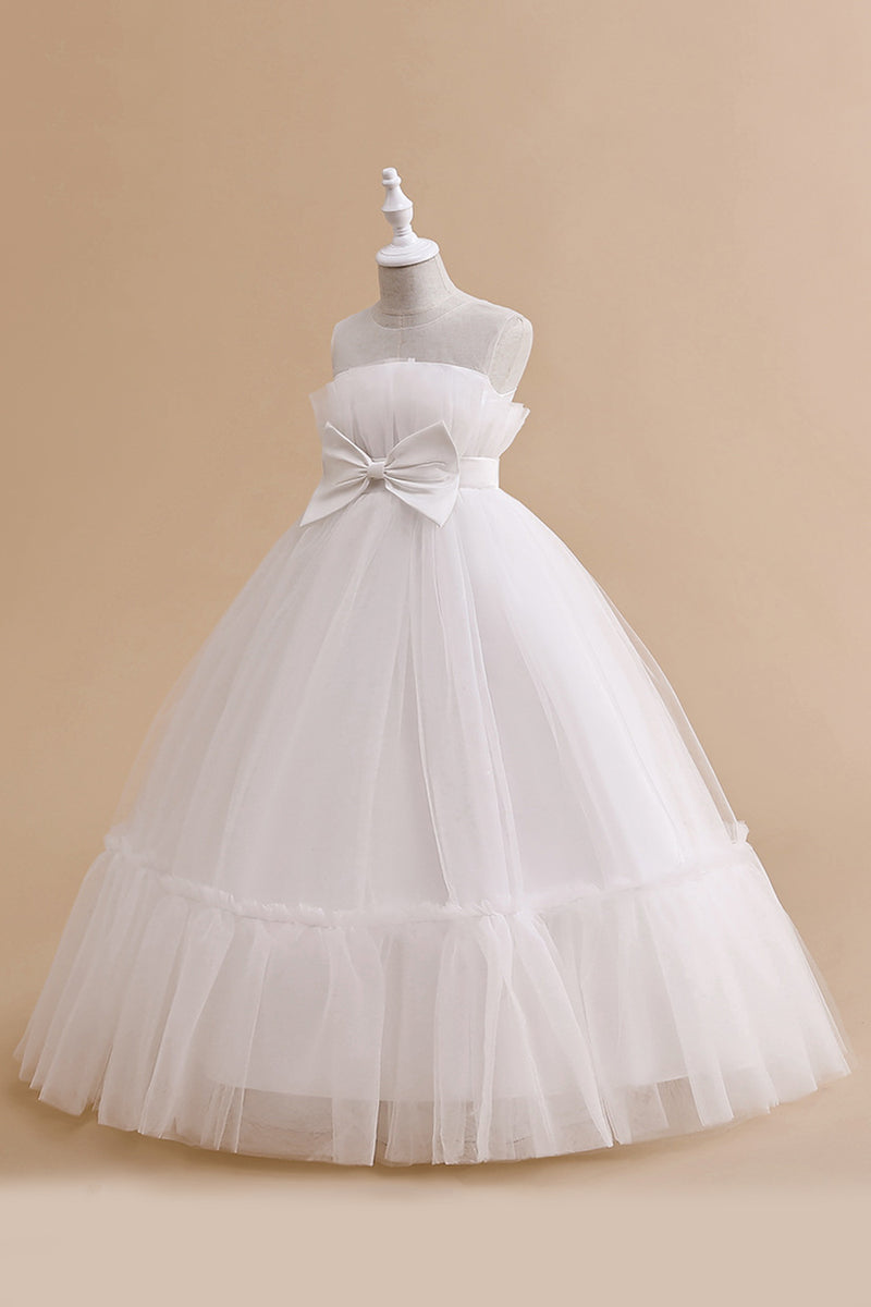 Load image into Gallery viewer, White Straplee Tulle A Line Flower Girl Dress with Bow