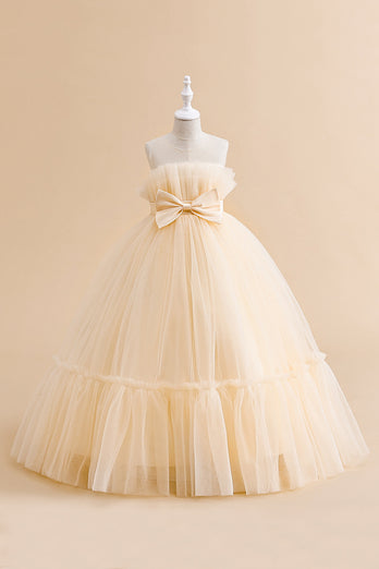 White Straplee Tulle A Line Flower Girl Dress with Bow