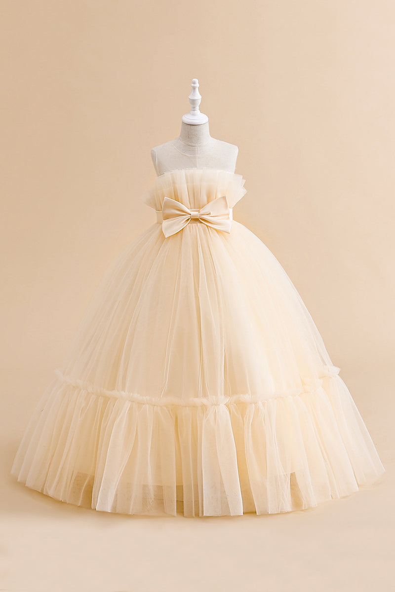 Load image into Gallery viewer, White Straplee Tulle A Line Flower Girl Dress with Bow